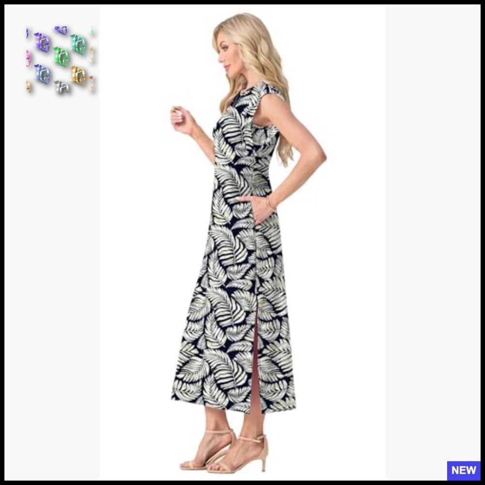 Summer Maxi Dress Casual Floral Round Neck Cap Sleeve with Pockets Boho Chic - Picture 4 of 5